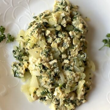 Egg white scrambled with parsley and onion.