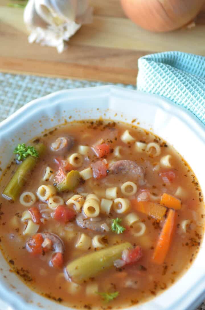 Busy Day Soup with chicken sausage and vegetables