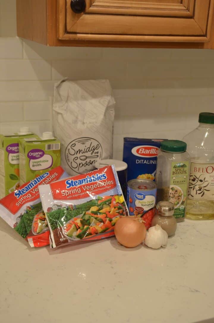 Ingredients for Busy Day Soup with chicken sausage and vegetables