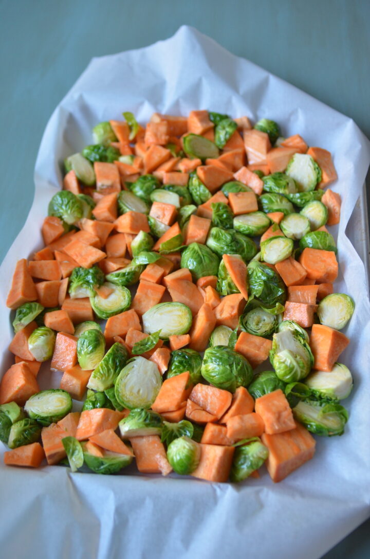 Diced sweet potato and halved brussels sprouts