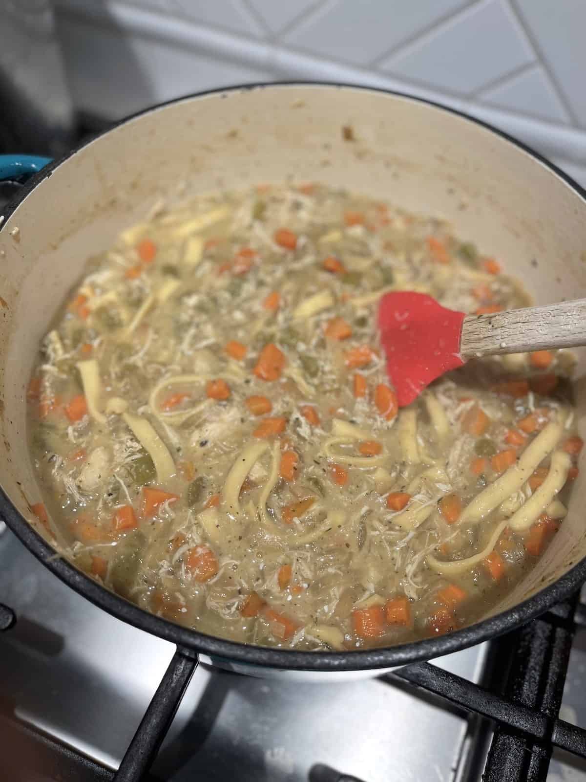 Stirring a pot of chicken noodle soup.