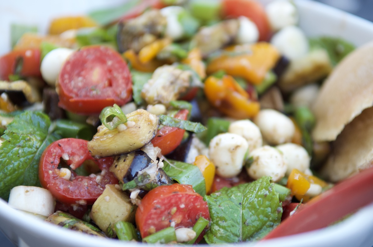 Roasted eggplant salad with pita chip
