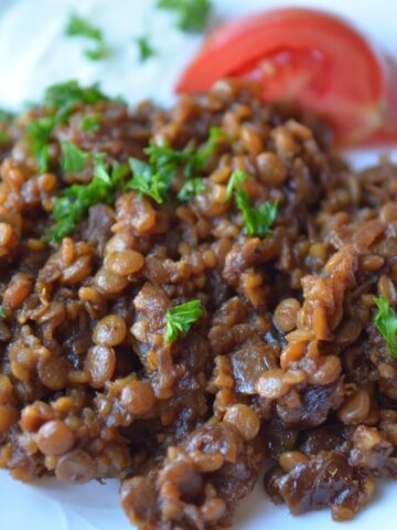 Mujadara hamra topped with caramelized onions, tomatoes, parsley, and yogurt sauce.